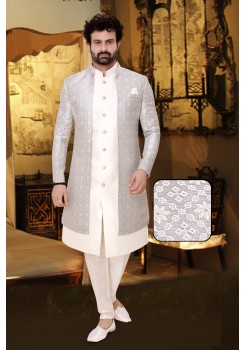  Grey & Offwhite Dhupian Silk  Indo Western Sherwani